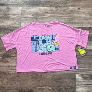 Disney Stitch Angel Hugging '' I NEED A HUG''Crop T-Shirt PURPLE/PINK MEDIUM #18